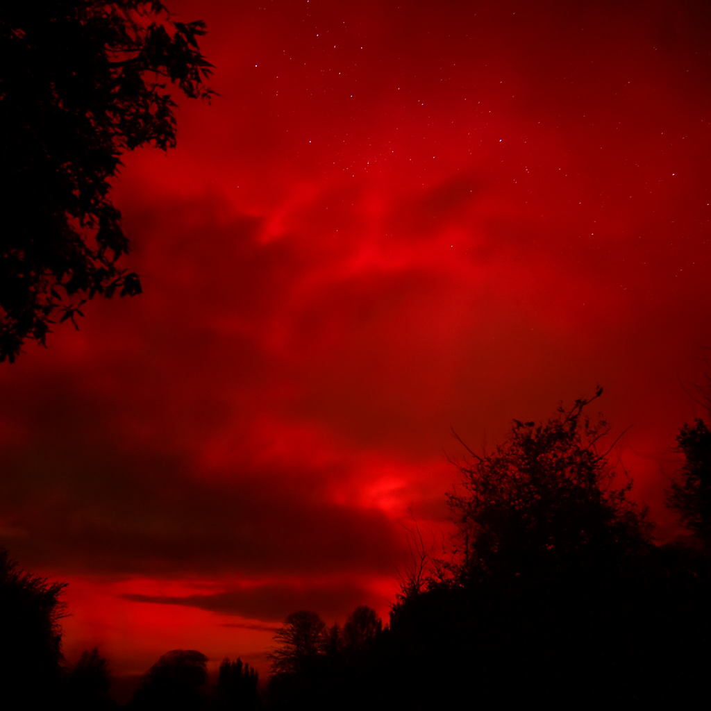 A red aurora burning across the night sky over silhouetted trees